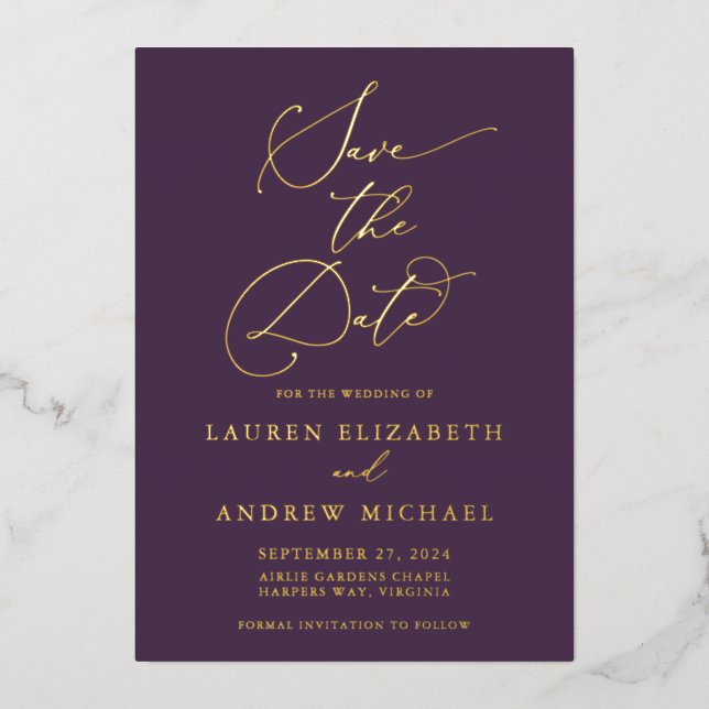 Purple Plum Gold Foil Minimalist Save the Date (Front)