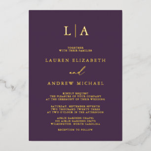 Purple Plum Gold Foil Monogram Minimalist Wedding