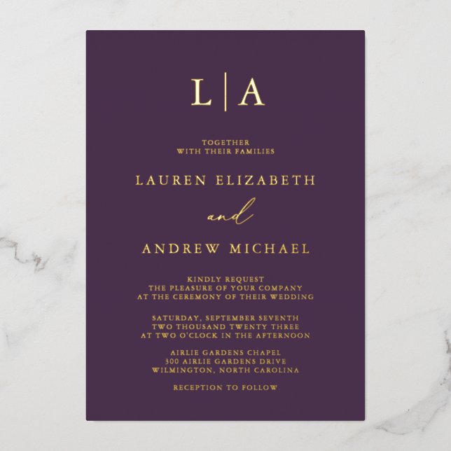 Purple Plum Gold Foil Monogram Minimalist Wedding (Front)