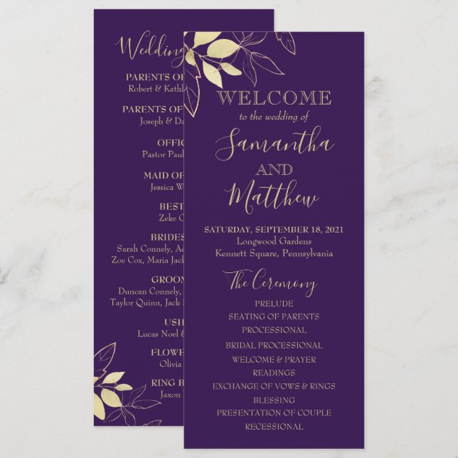 Purple Plum & Gold Foliage Botanical Wedding Program (Front/Back)