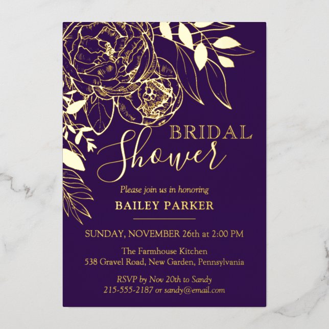 Purple Plum & Gold Modern Floral Bridal Shower (Front)