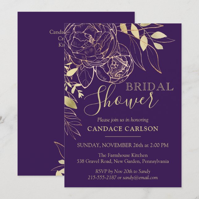 Purple Plum & Gold Modern Floral Bridal Shower Invitation (Front/Back)