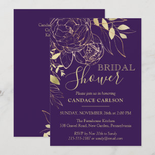 Purple Plum & Gold Modern Floral Bridal Shower Invitation