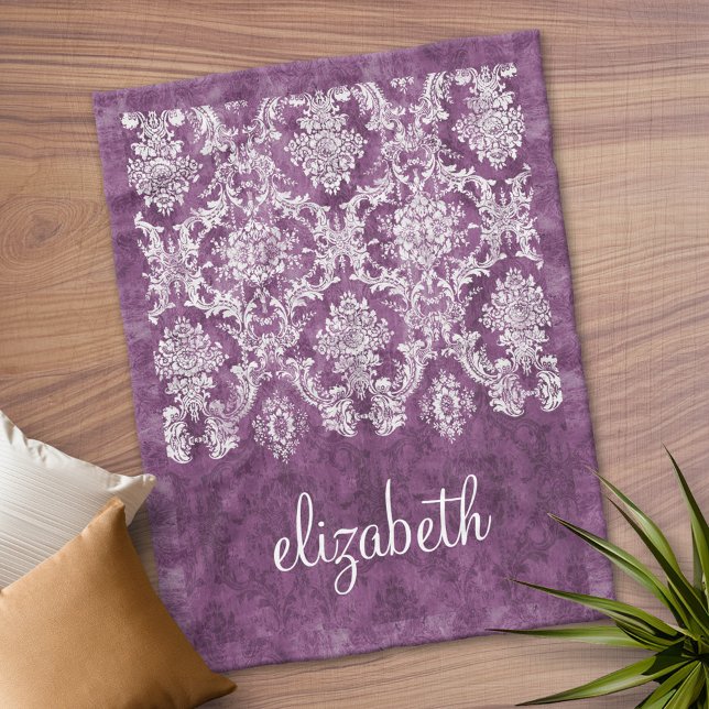 Purple Plum Grunge Damask Pattern Script Name Fleece Blanket (Personalized Fleece Blanket)