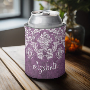 Purple Plum Grunge Damask Pattern with Name Can Cooler