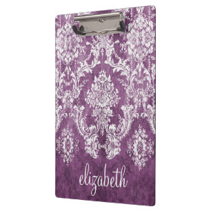 Purple Plum Grunge Damask Pattern with Name Clipboard