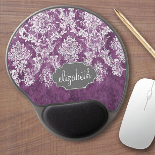 Purple Plum Grunge Damask Pattern with Name Gel Mouse Pad