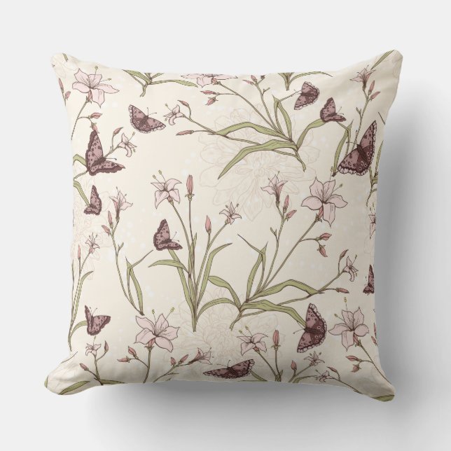 Purple Plum Lavender Blossoms Butterflies Throw Pillow (Front)