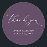 Purple Plum Modern Minimalist Wedding Thank You Classic Round Sticker<br><div class="desc">Our modern minimalist purple plum thank you sticker/seal has "thank you" written in modern calligraphy script and can be fully customized with your name,  dates and background colour. Made to match our Purple Plum Modern Minimalist Wedding Suite.</div>