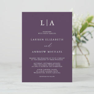 Purple Plum Monogram Simple Minimalist Wedding Invitation
