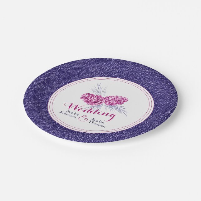 Purple plum navy winter pine cone art paper plates (Angled)
