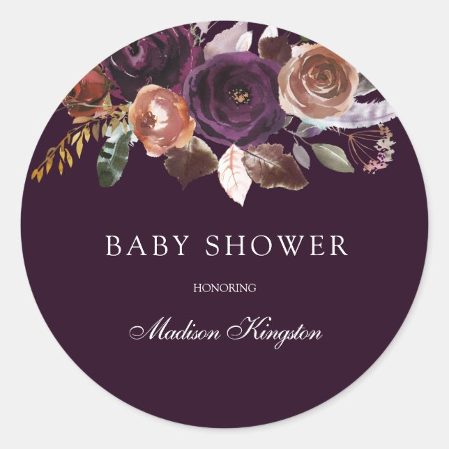 Purple Plum Peach Burgundy Flowers Baby Shower Classic Round Sticker (Front)