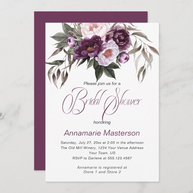 Purple Plum Pink Peonies Bridal Shower Invitation (Front/Back)