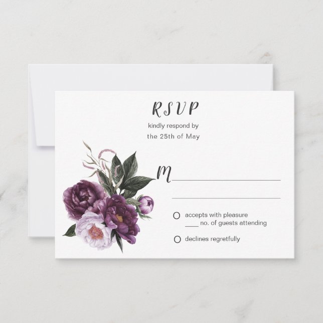 Purple Plum Pink Peonies Greenery RSVP #1 Card (Front)