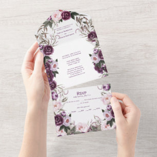 Purple Plum Pink Peonies Wedding All In One Invitation