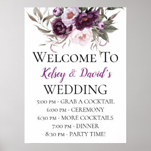 Purple Plum Pink Peonies Wedding Details Welcome Poster