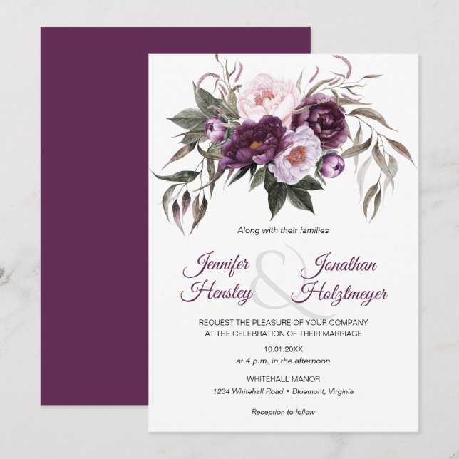 Purple Plum Pink Peonies Wedding Invitation (Front/Back)