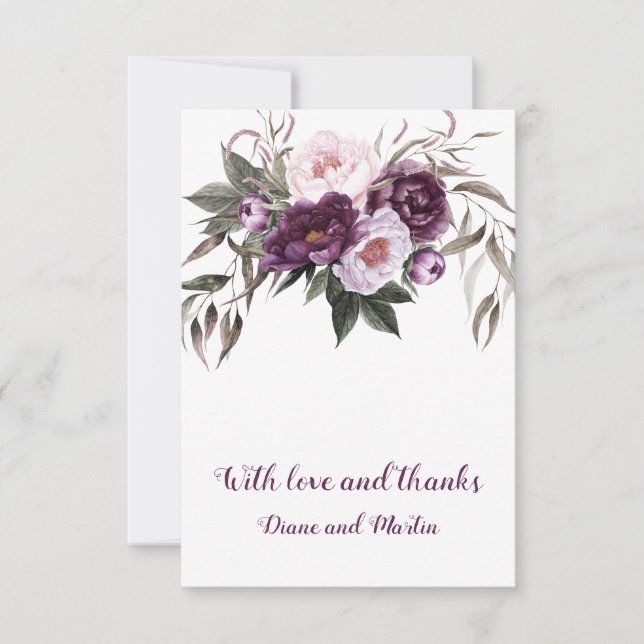 Purple Plum Pink Peonies Wedding Thank You Card (Front)