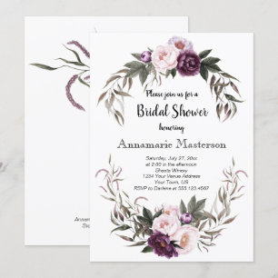Purple Plum Pink Peonies Wreath Bridal Shower Invitation