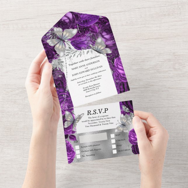 Purple plum silver butterfly shimmer glitter rose  all in one invitation (Tearaway)