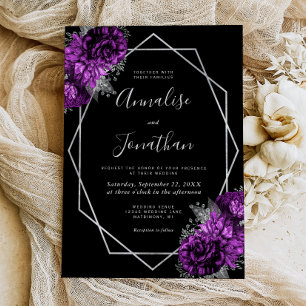 Purple Plum Silver Floral Black Wedding Invitation