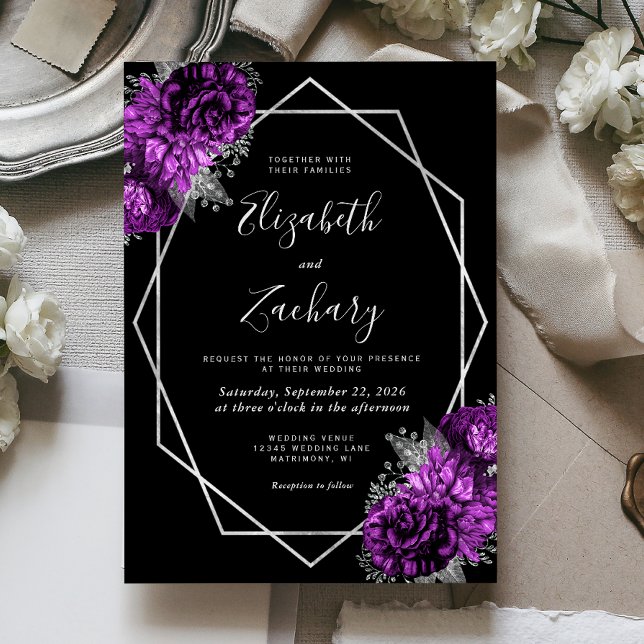 Purple Plum Silver Floral Black Wedding Invitation (Creator Uploaded)
