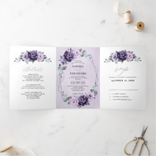 Purple Plum Silver Floral Blooms Geometric Wedding Tri-Fold Announcement