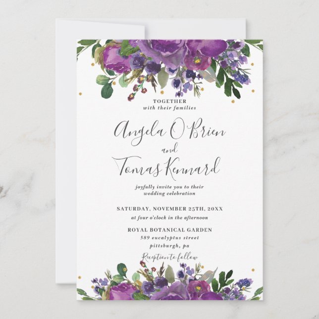 Purple Plum Voilet Floral Greenery Wedding Invitation (Front)