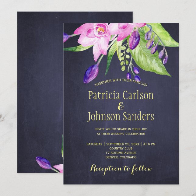 Purple plum watercolor summer floral wedding invitation (Front/Back)