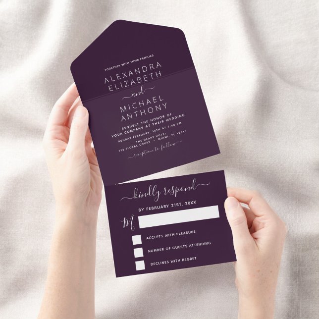 Purple Plum Wedding Modern Typography All In One Invitation (Creator Uploaded)