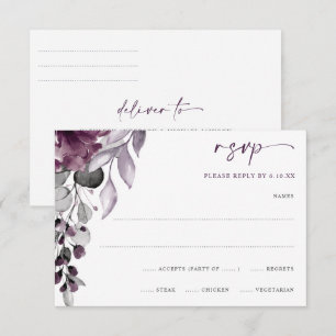 Purple Plum Wedding Watercolor Floral Foliage RSVP Card