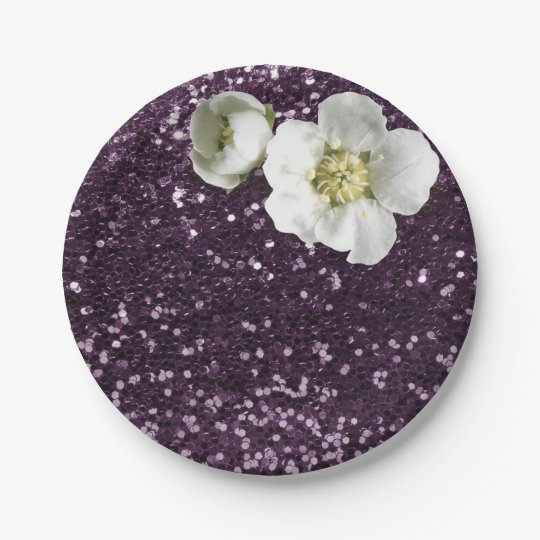 Purple Plum White Jasmine Glitter 7 Inch Paper Plate