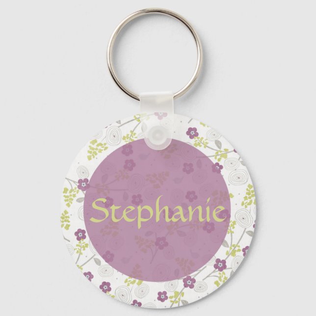 Purple Plumeria Customizable Name Button Keychain (Front)