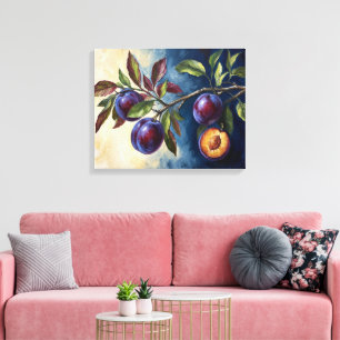 Purple Plums Branch Contrast Oil Painting Art Canvas Print