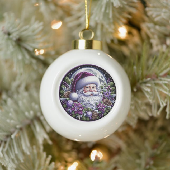 Purple Poinsettia Santa  Enchanting Christmas  Ceramic Ball Christmas Ornament (Tree)