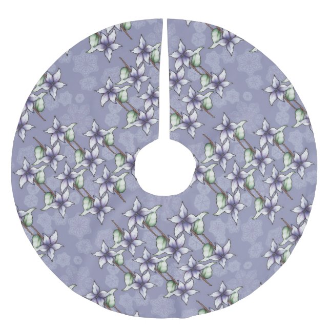 Purple Poinsettias & Snowflakes Christmas Winter Brushed Polyester Tree Skirt (Front)