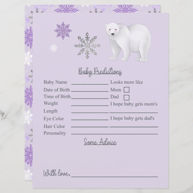 Purple Polar Bear Baby Shower Predictions Advice (Front/Back)