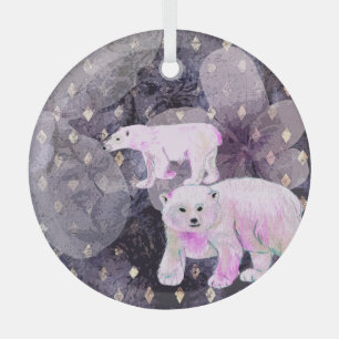 Purple Polar Bears - Arctic Animals Retro Pattern Glass Ornament