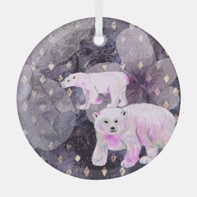 Purple Polar Bears - Arctic Animals Retro Pattern Glass Ornament (Front)