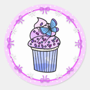 Purple Polka Dot Cupcake and Butterfly Birthday Classic Round Sticker