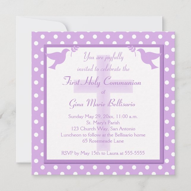 Purple Polka Dot First Holy Communion Invitation (Front)
