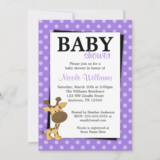 Purple Polka Dot Giraffe Baby Shower Invitations (Front)