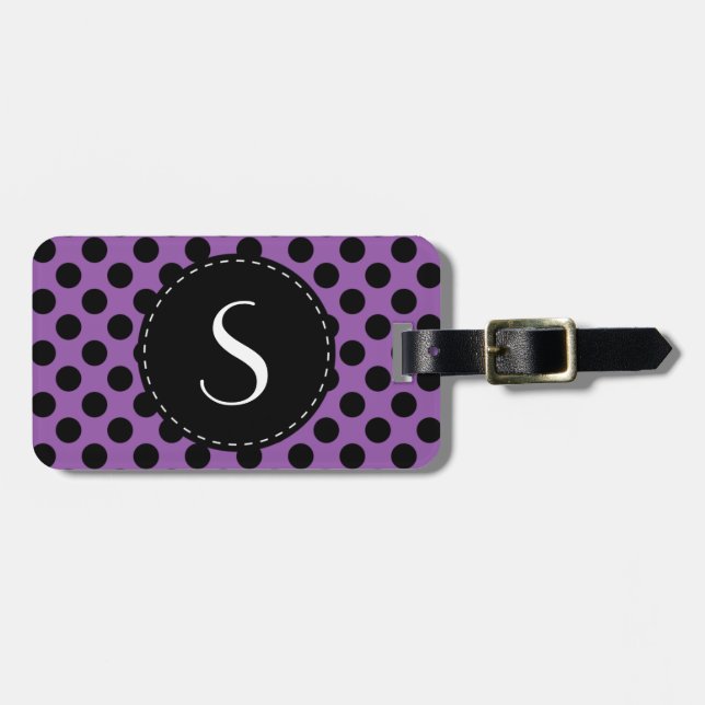 Purple Polka Dot Monogram Personalized Luggage Tag (Front Horizontal)