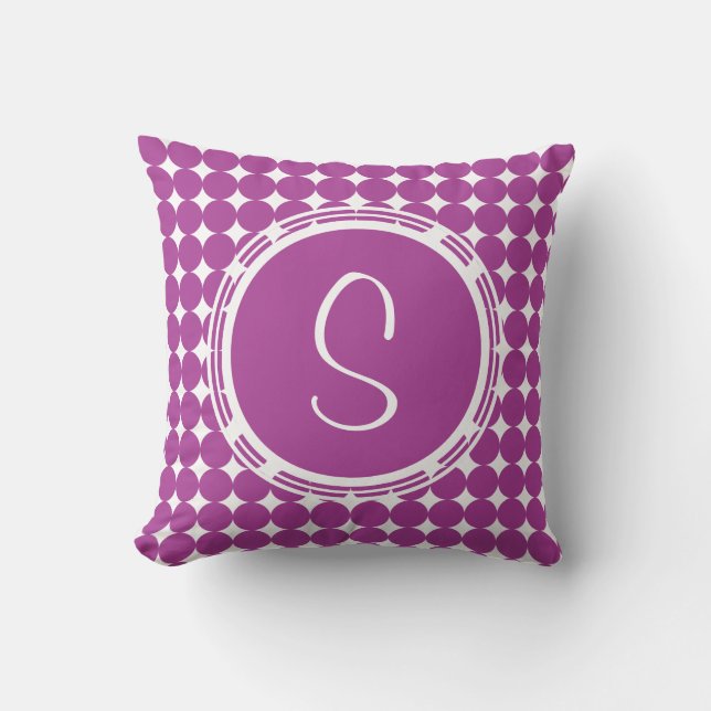 Purple Polka Dot Monogram Throw Pillow (Front)