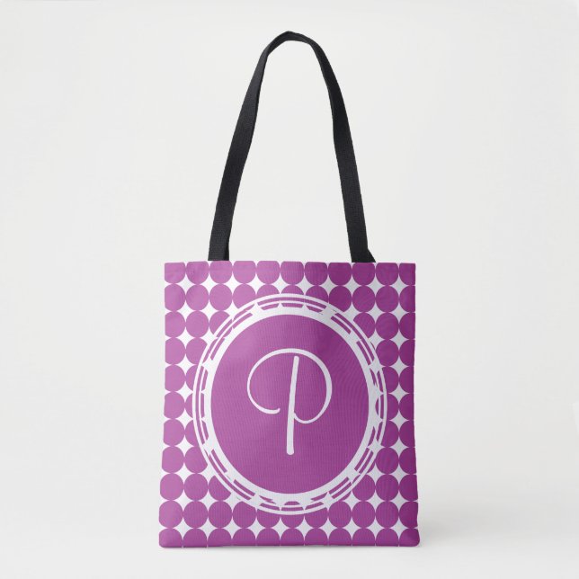 Purple Polka Dot Monogram Tote Bag (Front)