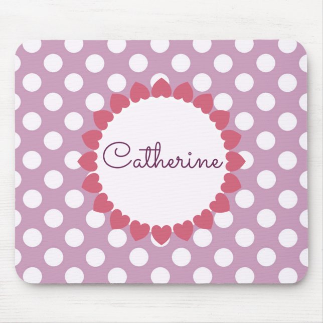 Purple Polka Dot Name in Hearts Cute Mouse Pad (Front)