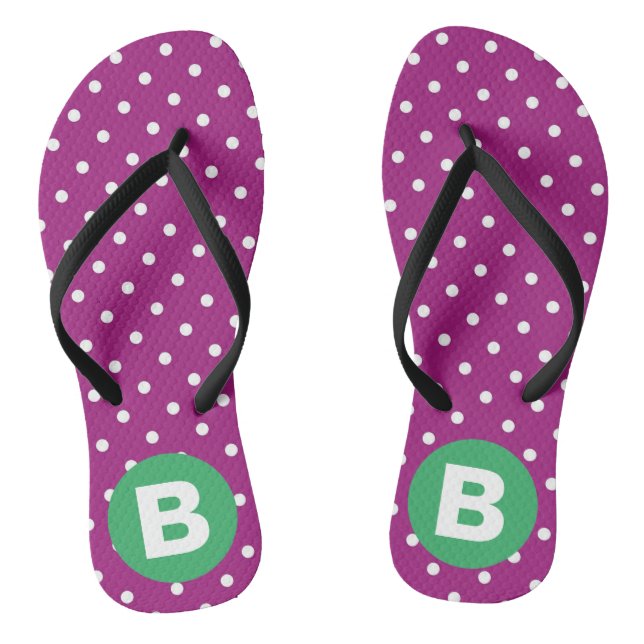 Purple Polka Dot Pattern Green Monogram Flip Flops (Footbed)