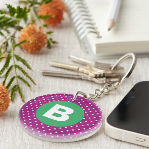Purple Polka Dot Pattern Green Monogram Keychain