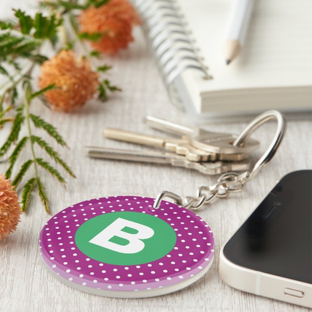 Purple Polka Dot Pattern Green Monogram Keychain (Front Right)
