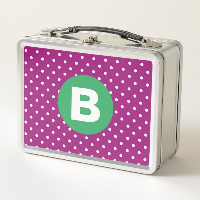 Purple Polka Dot Pattern Green Monogram Metal Lunch Box (Front)